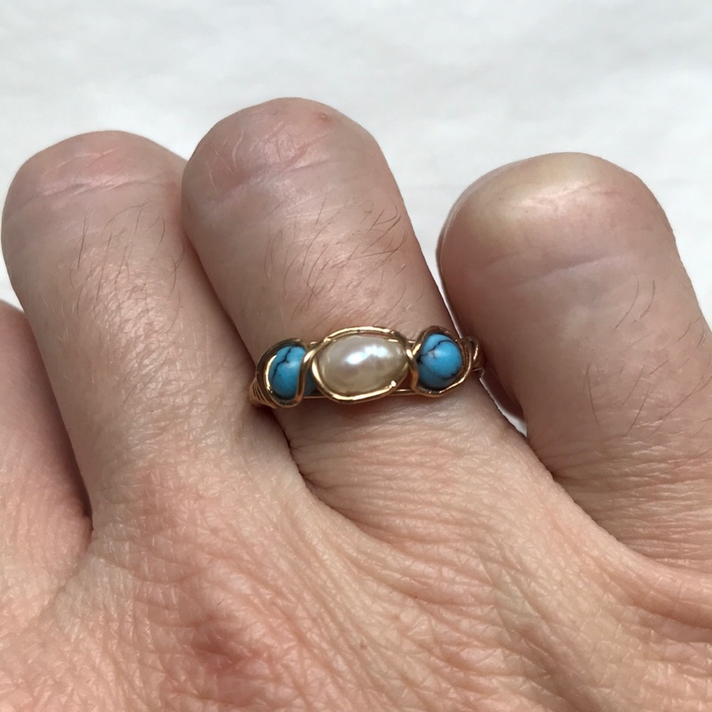 Freshwater pearl & turquoise gold ring - Picture 1 of 5